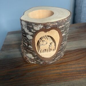 Rustic Wood Log Candle Holder Moose Carved Tree Stump Decor Cabin‎